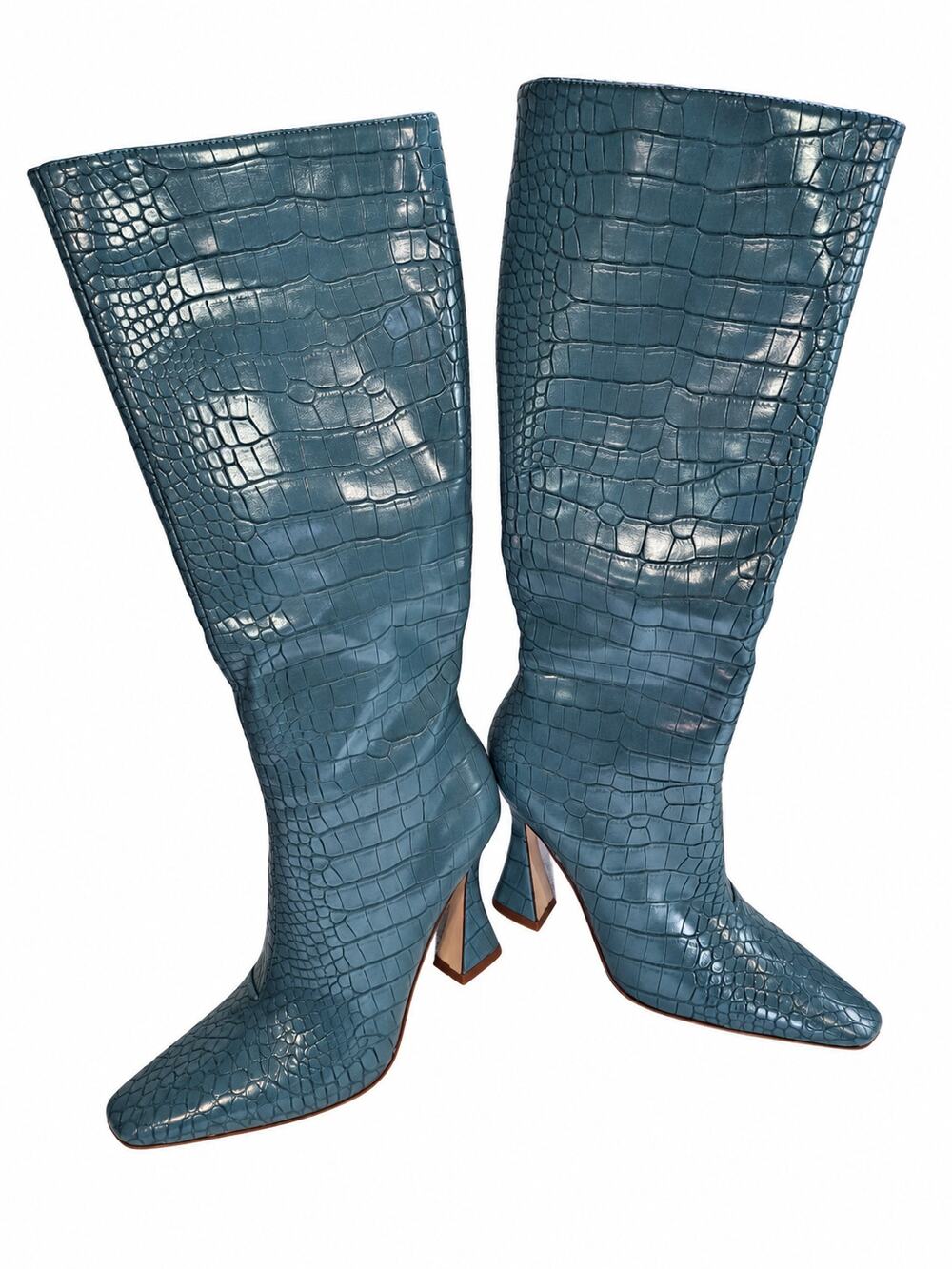 RAID Teal Croc Embossed Knee High Boots Size 6 Sculpted Heel Side Zip Chic Retro